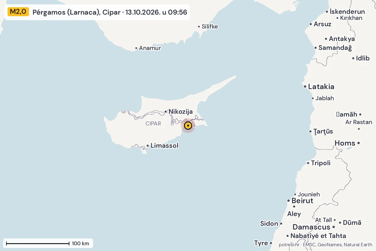 Karta: šire područje, 600 km, potres M2,0, Pérgamos (Larnaca), Cipar, 13.10.2026.