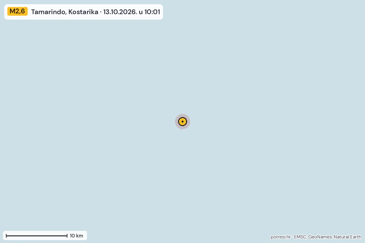 Karta: okolica epicentra, 60 km, potres M2,6, Tamarindo, Kostarika, 13.10.2026.