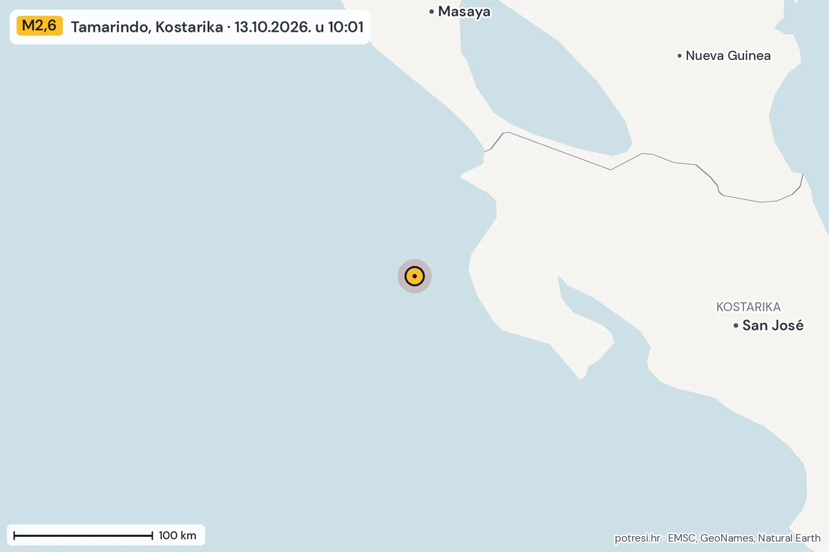 Karta: šire područje, 600 km, potres M2,6, Tamarindo, Kostarika, 13.10.2026.