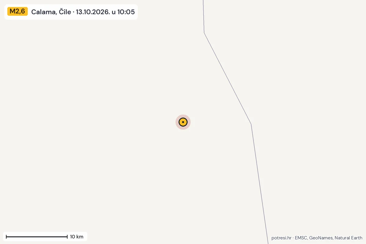 Karta: okolica epicentra, 60 km, potres M2,6, Calama, Čile, 13.10.2026.