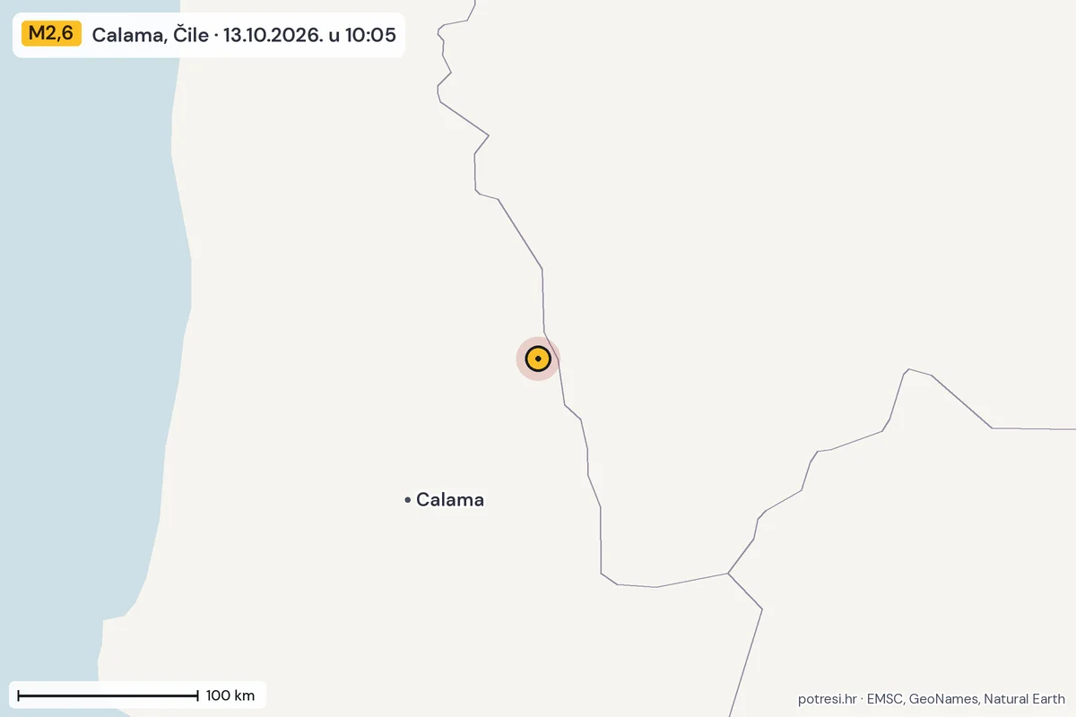 Karta: šire područje, 600 km, potres M2,6, Calama, Čile, 13.10.2026.