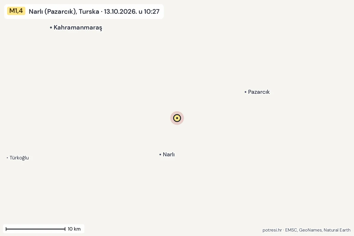 Karta: okolica epicentra, 60 km, potres M1,4, Narlı (Pazarcık), Turska, 13.10.2026.