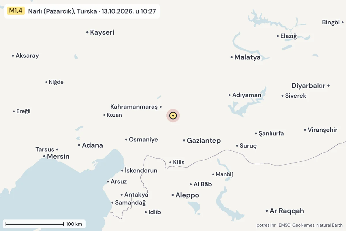 Karta: šire područje, 600 km, potres M1,4, Narlı (Pazarcık), Turska, 13.10.2026.