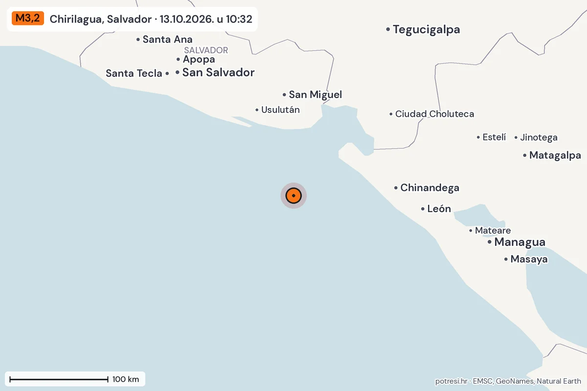 Karta: šire područje, 600 km, potres M3,2, Chirilagua, Salvador, 13.10.2026.