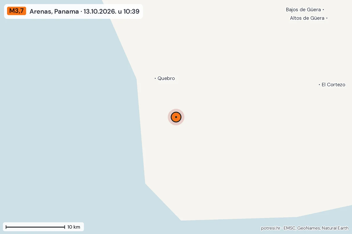Karta: okolica epicentra, 60 km, potres M3,7, Arenas, Panama, 13.10.2026.