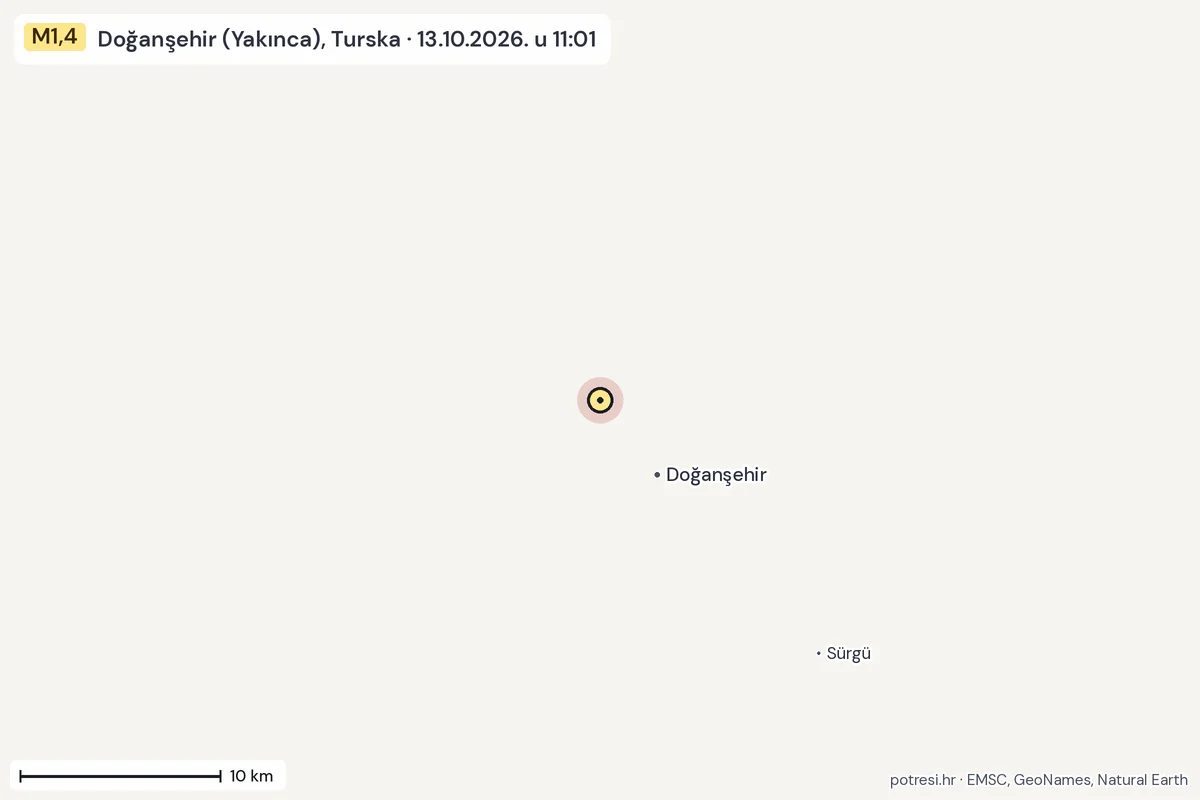 Karta: okolica epicentra, 60 km, potres M1,4, Doğanşehir (Yakınca), Turska, 13.10.2026.