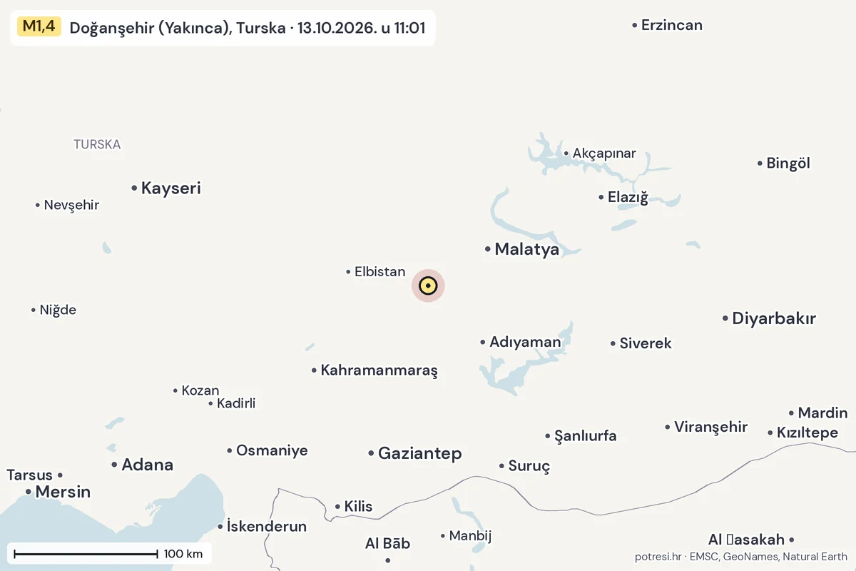 Karta: šire područje, 600 km, potres M1,4, Doğanşehir (Yakınca), Turska, 13.10.2026.