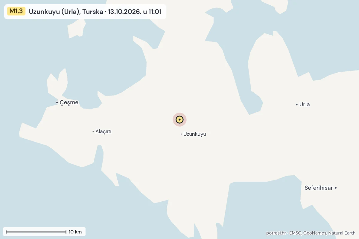 Karta: okolica epicentra, 60 km, potres M1,3, Uzunkuyu (Urla), Turska, 13.10.2026.