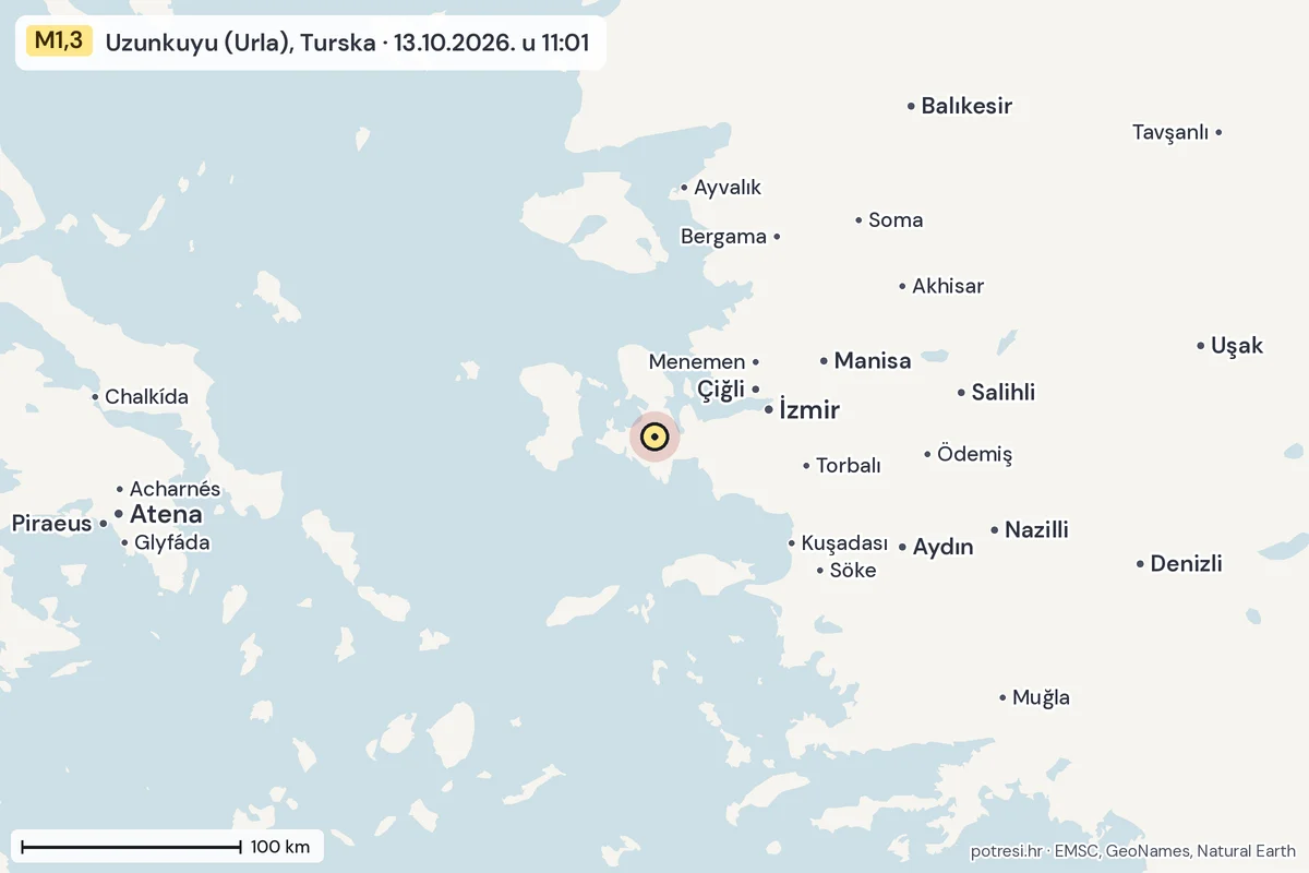 Karta: šire područje, 600 km, potres M1,3, Uzunkuyu (Urla), Turska, 13.10.2026.