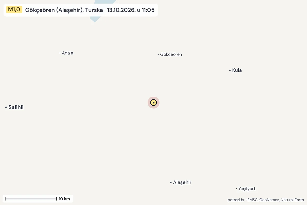Karta: okolica epicentra, 60 km, potres M1,0, Gökçeören (Alaşehir), Turska, 13.10.2026.