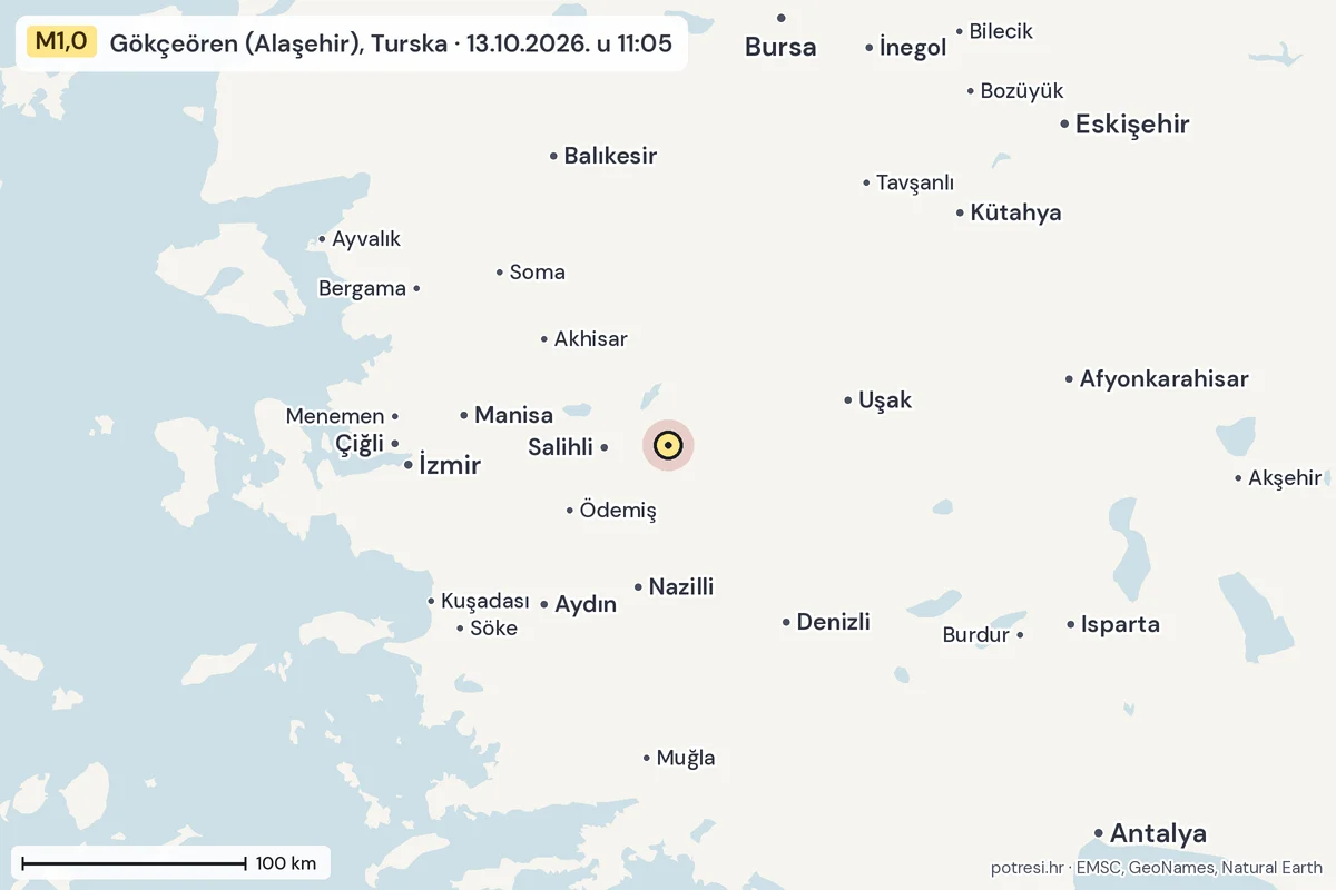 Karta: šire područje, 600 km, potres M1,0, Gökçeören (Alaşehir), Turska, 13.10.2026.