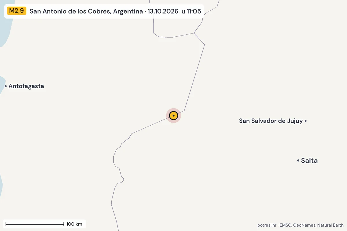 Karta: šire područje, 600 km, potres M2,9, San Antonio de los Cobres, Argentina, 13.10.2026.