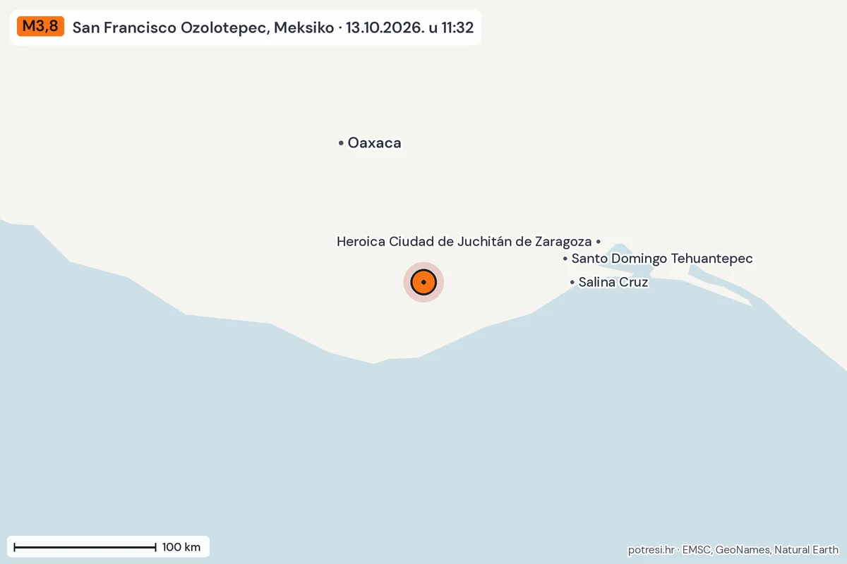 Karta: šire područje, 600 km, potres M3,8, San Francisco Ozolotepec, Meksiko, 13.10.2026.