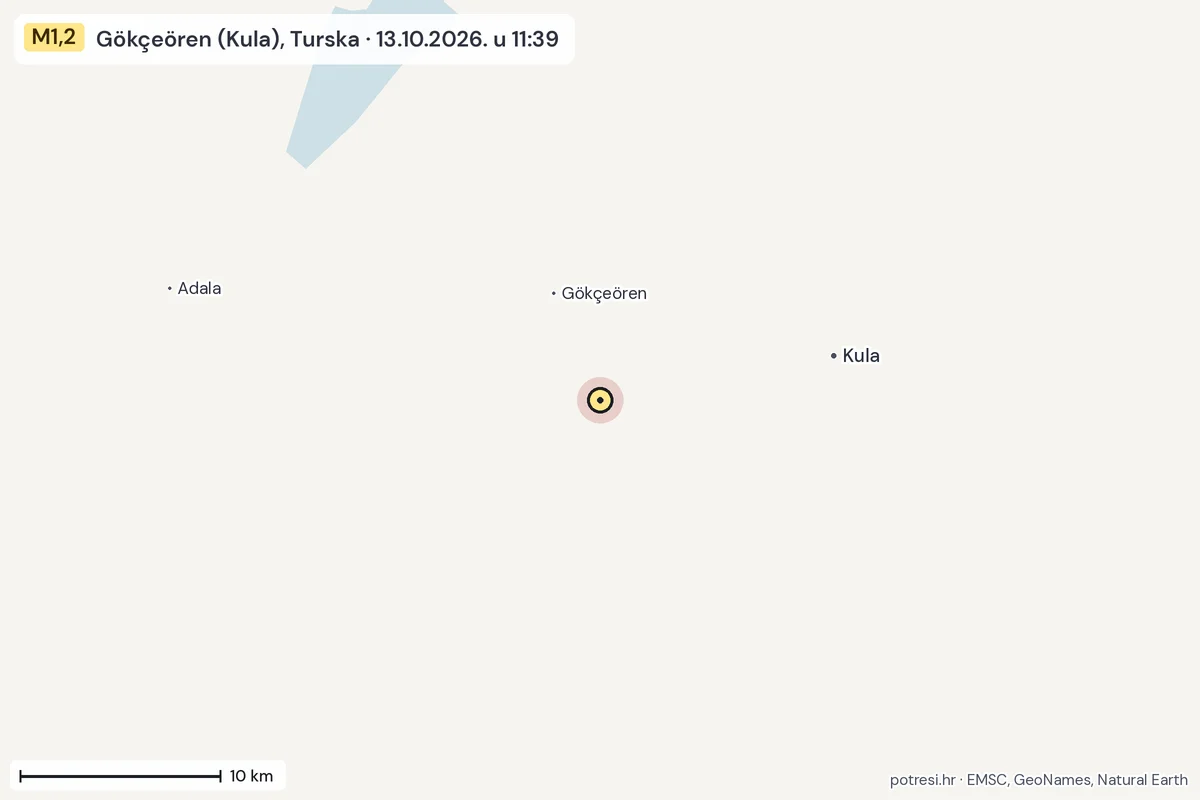 Karta: okolica epicentra, 60 km, potres M1,2, Gökçeören (Kula), Turska, 13.10.2026.