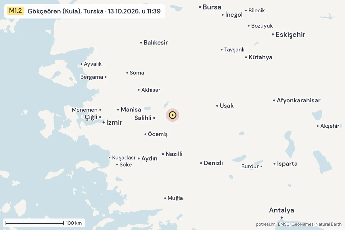 Karta: šire područje, 600 km, potres M1,2, Gökçeören (Kula), Turska, 13.10.2026.
