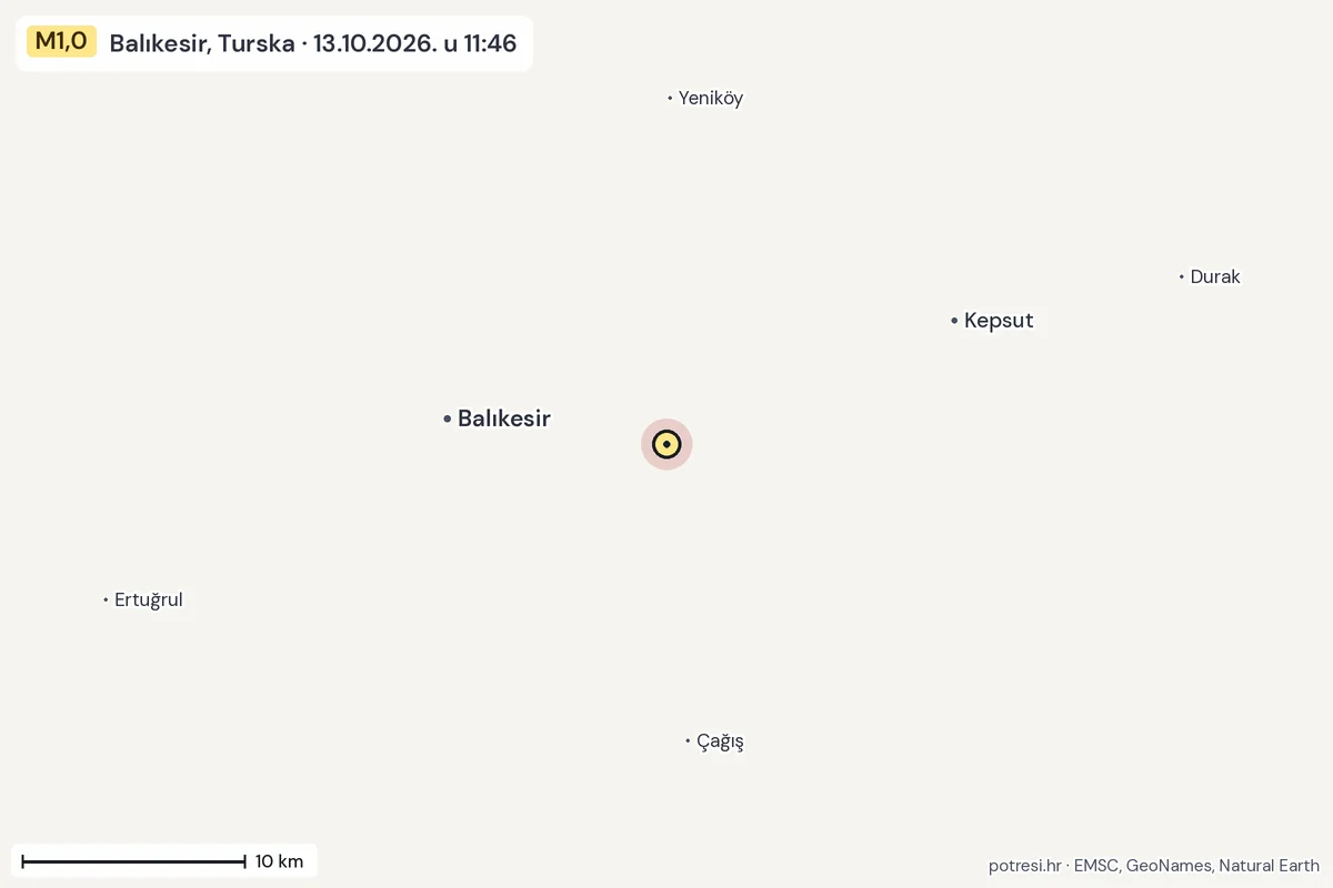 Karta: okolica epicentra, 60 km, potres M1,0, Balıkesir, Turska, 13.10.2026.
