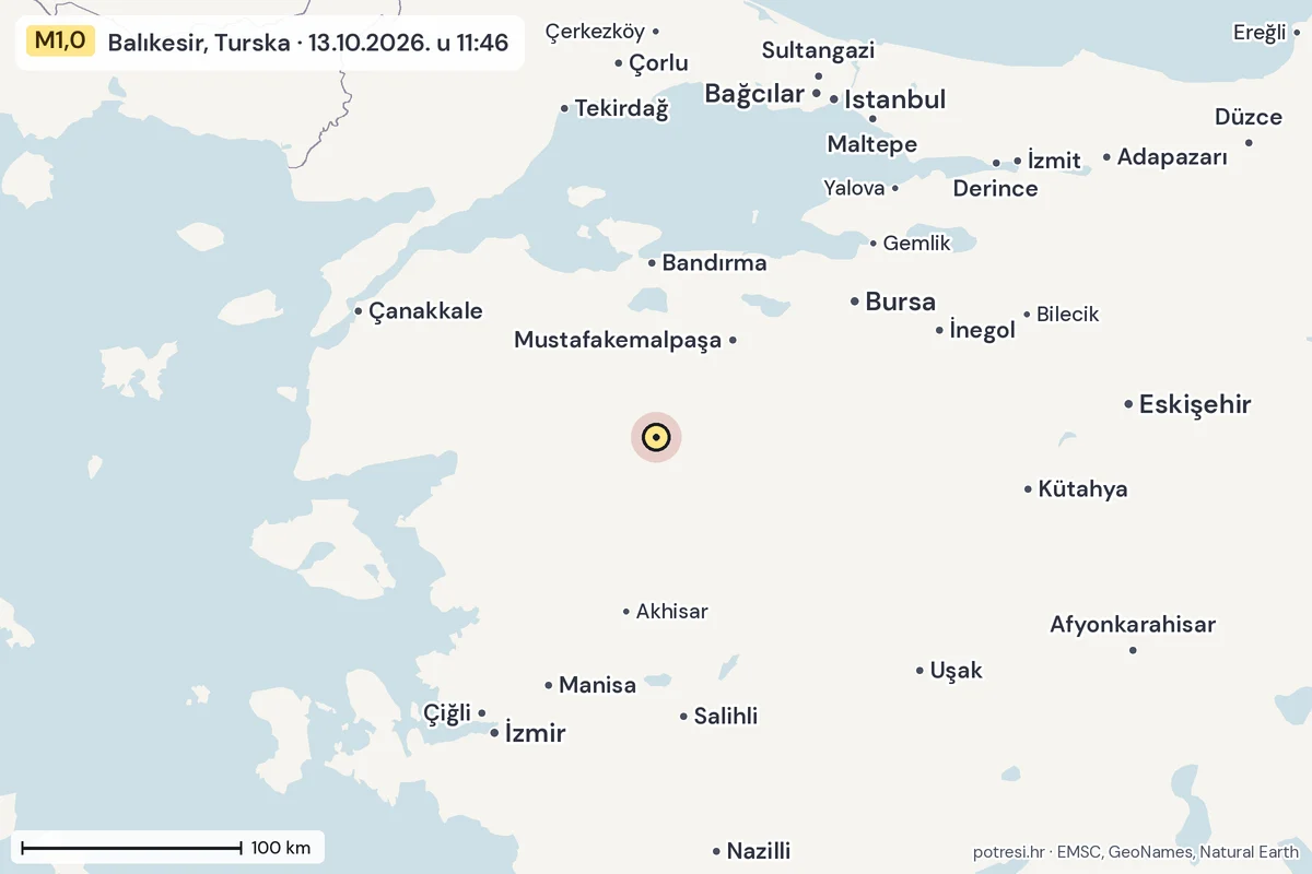 Karta: šire područje, 600 km, potres M1,0, Balıkesir, Turska, 13.10.2026.