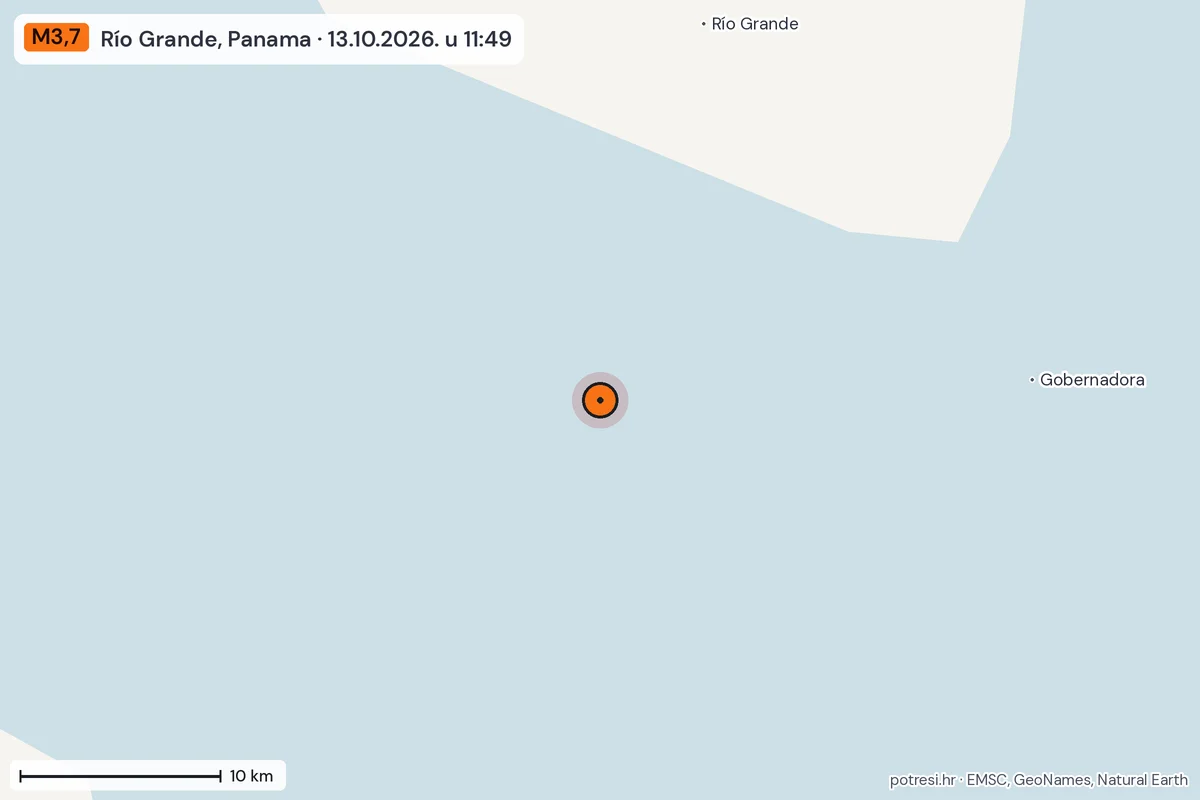 Karta: okolica epicentra, 60 km, potres M3,7, Río Grande, Panama, 13.10.2026.