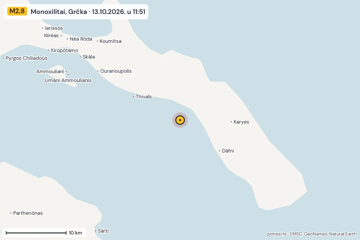 Karta: okolica epicentra, 60 km, potres M2,8, Monoxilítai, Grčka, 13.10.2026.