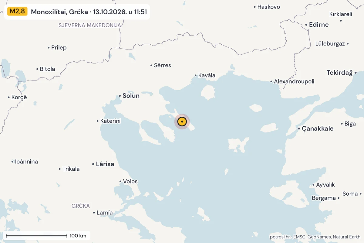 Karta: šire područje, 600 km, potres M2,8, Monoxilítai, Grčka, 13.10.2026.