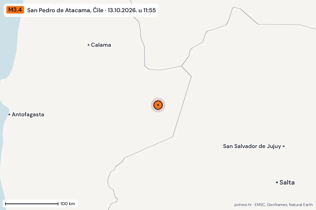 Karta: šire područje, 600 km, potres M3,4, San Pedro de Atacama, Čile, 13.10.2026.