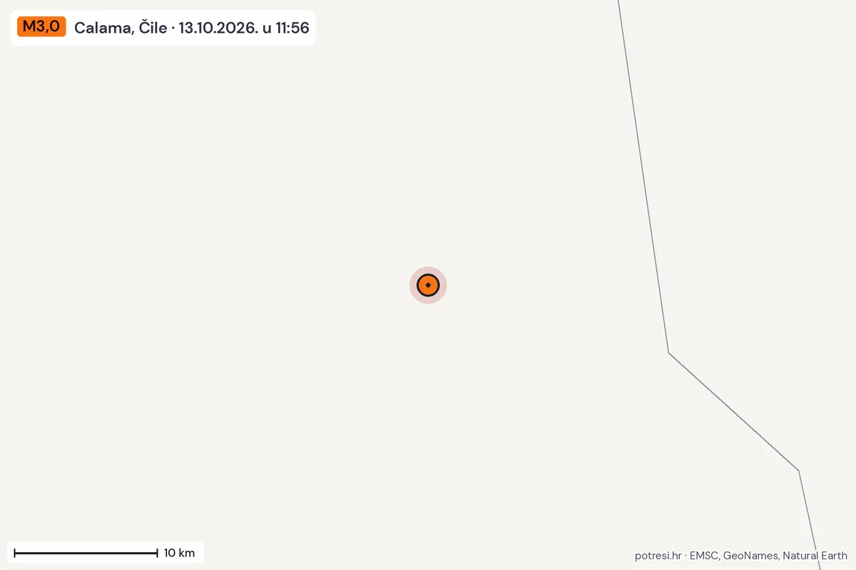 Karta: okolica epicentra, 60 km, potres M3,0, Calama, Čile, 13.10.2026.