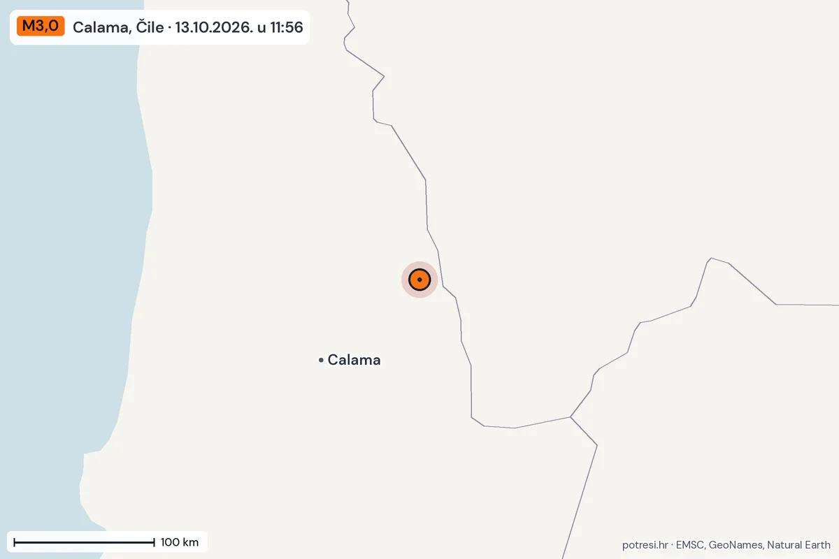 Karta: šire područje, 600 km, potres M3,0, Calama, Čile, 13.10.2026.