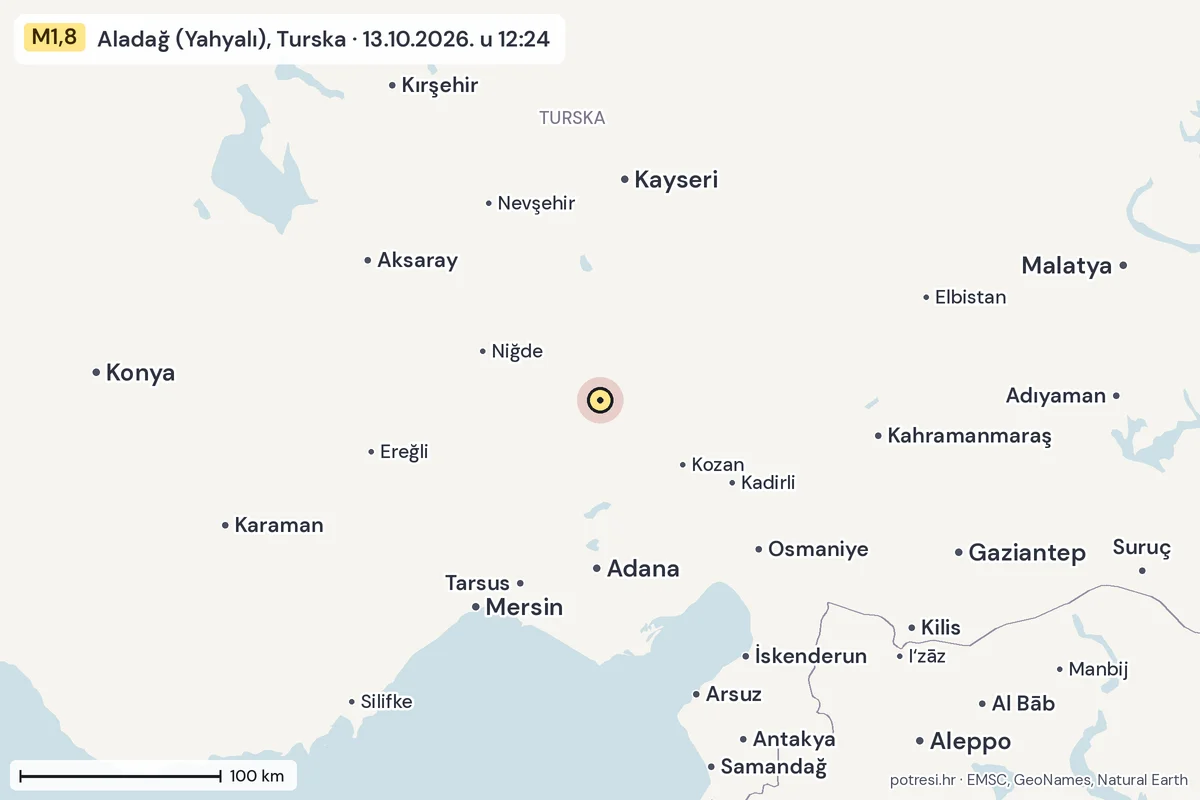 Karta: šire područje, 600 km, potres M1,8, Aladağ (Yahyalı), Turska, 13.10.2026.