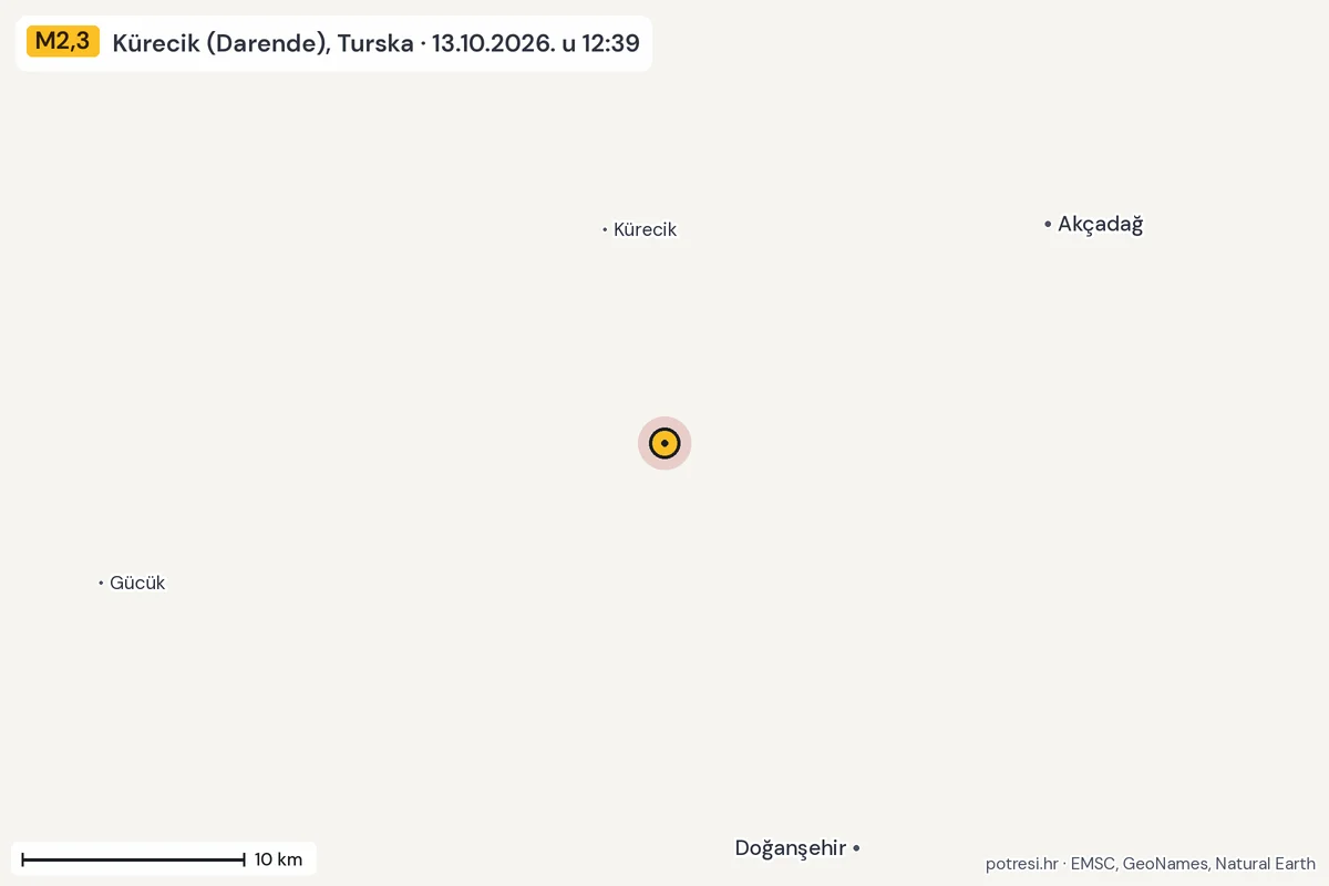 Karta: okolica epicentra, 60 km, potres M2,3, Kürecik (Darende), Turska, 13.10.2026.
