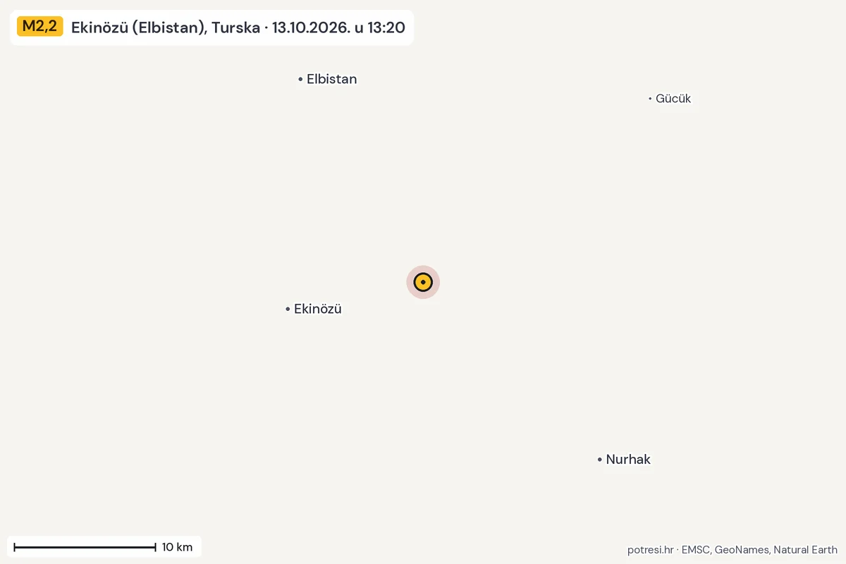 Karta: okolica epicentra, 60 km, potres M2,2, Ekinözü (Elbistan), Turska, 13.10.2026.