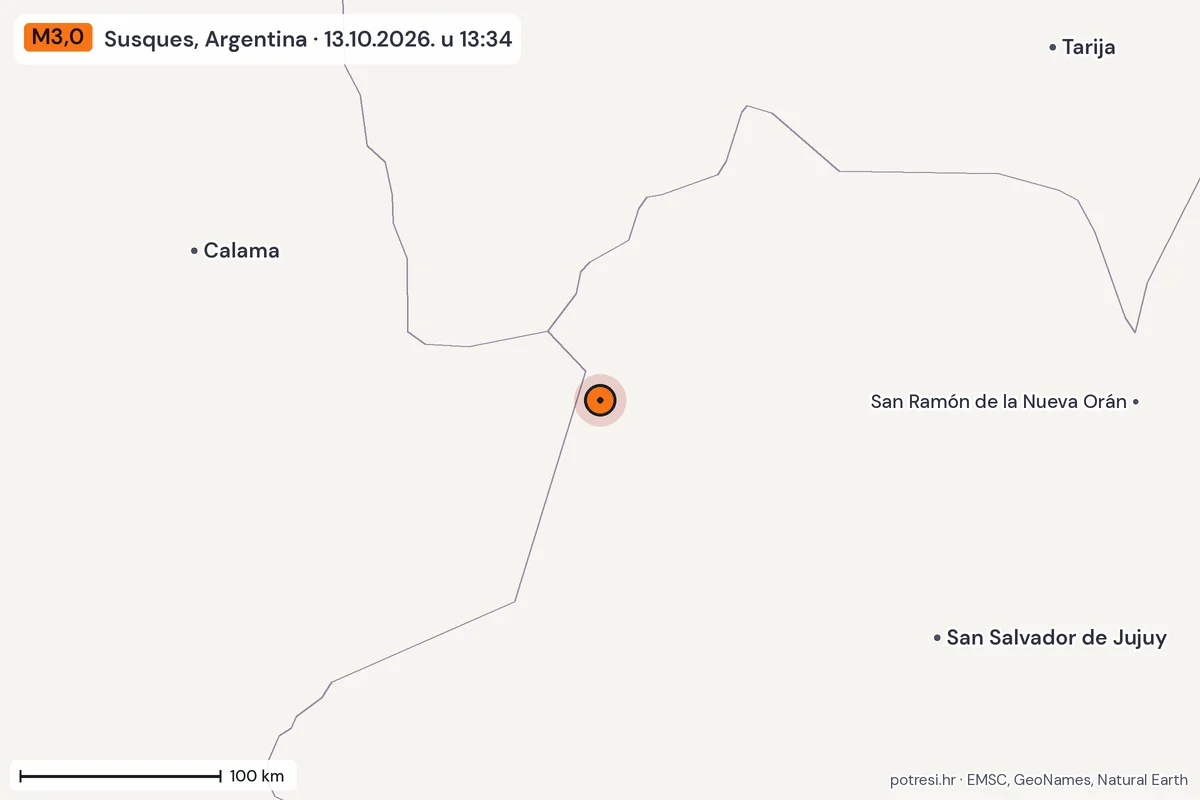 Karta: šire područje, 600 km, potres M3,0, Susques, Argentina, 13.10.2026.