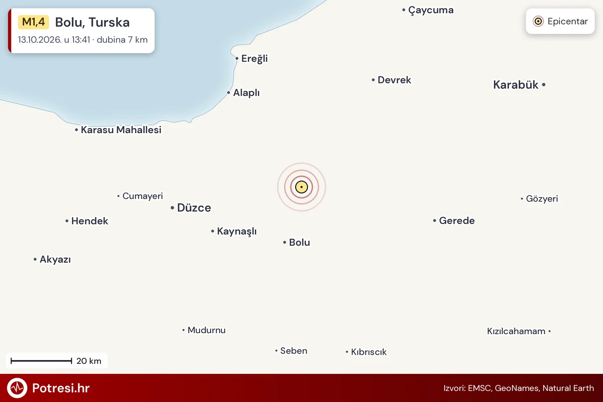 Karta: šire područje i vjerojatni doseg osjeta, potres M1,4, Bolu, Turska, 13.10.2026.