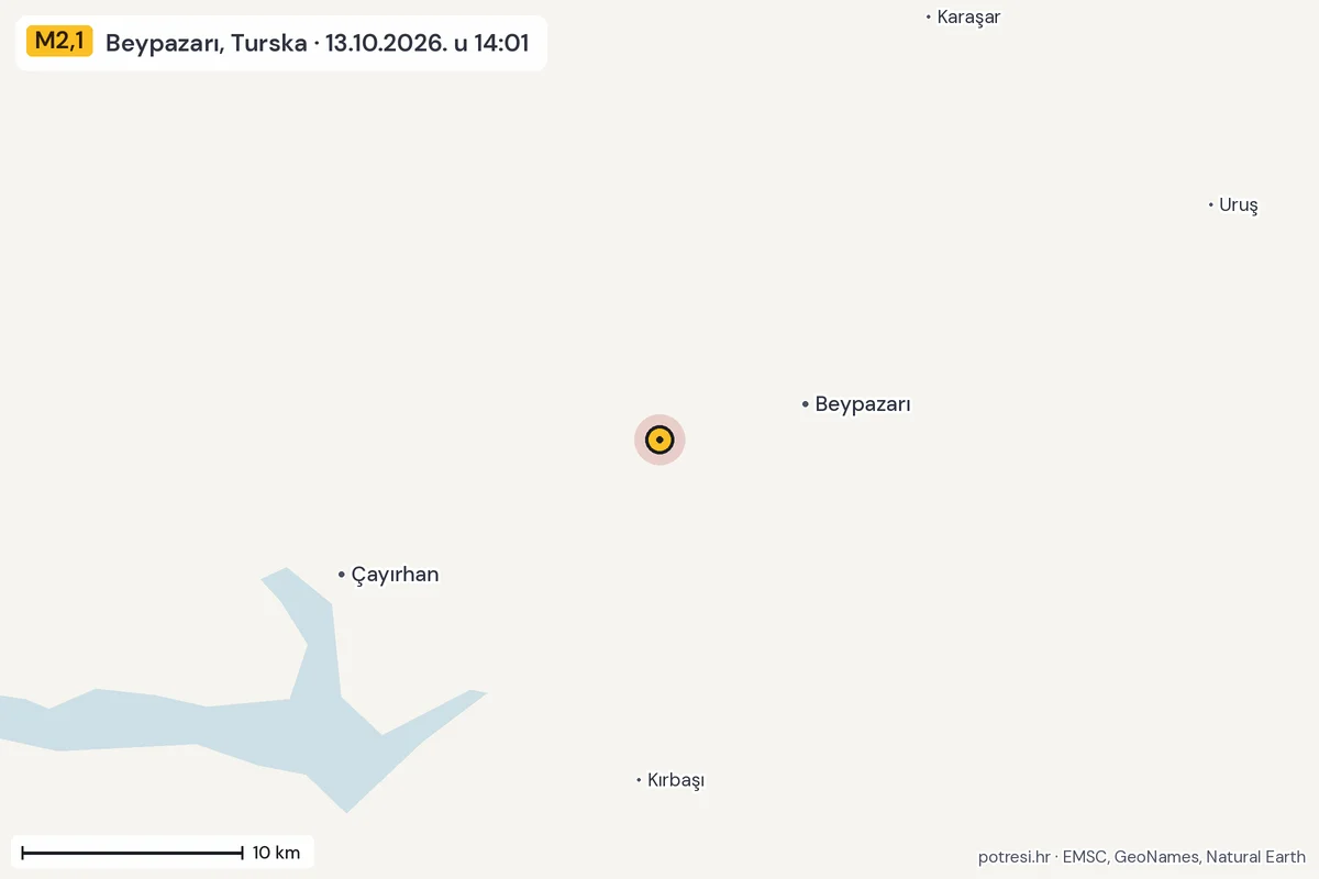 Karta: okolica epicentra, 60 km, potres M2,1, Beypazarı, Turska, 13.10.2026.