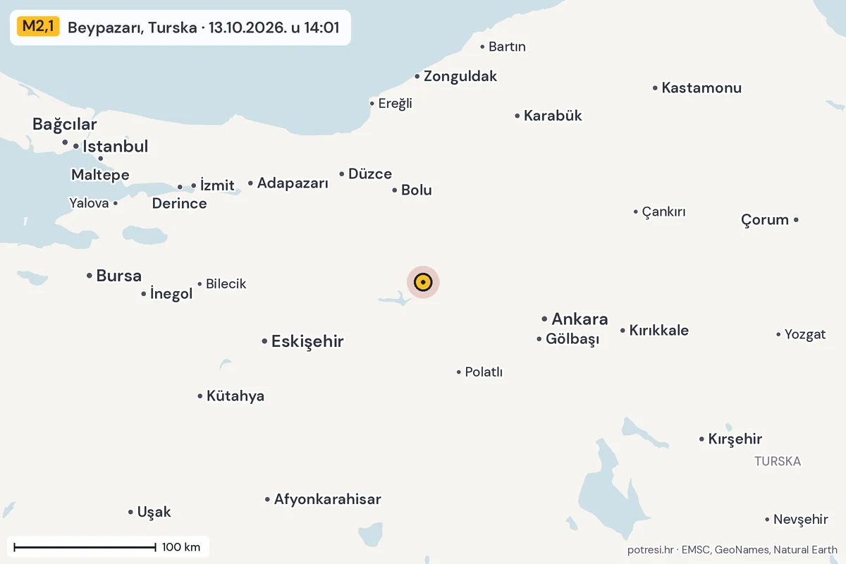 Karta: šire područje, 600 km, potres M2,1, Beypazarı, Turska, 13.10.2026.
