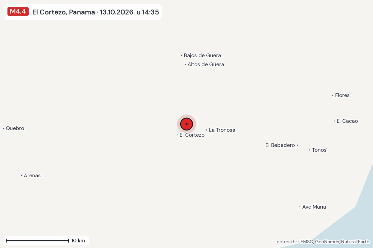 Karta: okolica epicentra, 60 km, potres M4,4, El Cortezo, Panama, 13.10.2026.