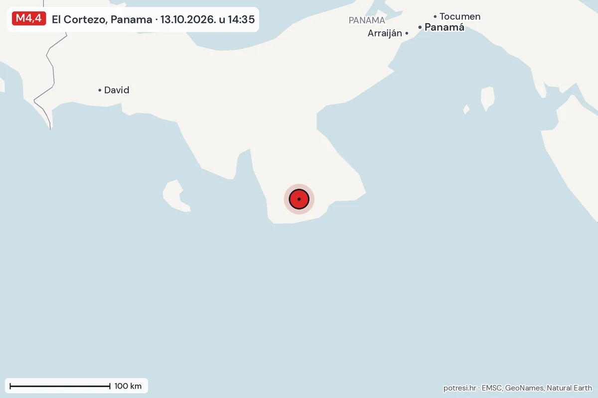 Karta: šire područje, 600 km, potres M4,4, El Cortezo, Panama, 13.10.2026.