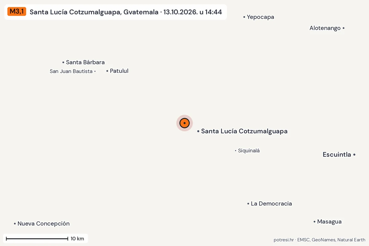 Karta: okolica epicentra, 60 km, potres M3,1, Santa Lucía Cotzumalguapa, Gvatemala, 13.10.2026.