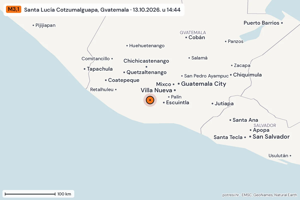 Karta: šire područje, 600 km, potres M3,1, Santa Lucía Cotzumalguapa, Gvatemala, 13.10.2026.
