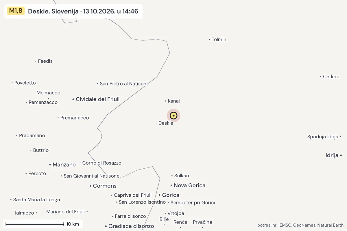 Karta: okolica epicentra, 60 km, potres M1,8, Deskle, Slovenija, 13.10.2026.