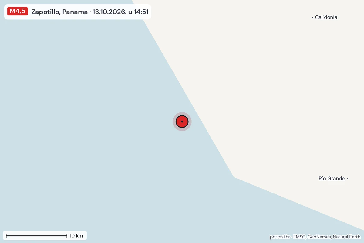 Karta: okolica epicentra, 60 km, potres M4,5, Zapotillo, Panama, 13.10.2026.