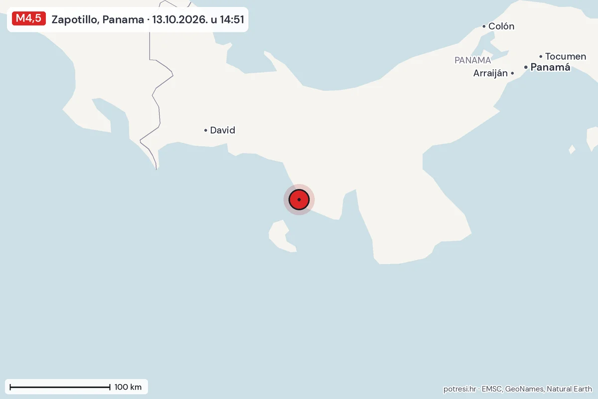 Karta: šire područje, 600 km, potres M4,5, Zapotillo, Panama, 13.10.2026.