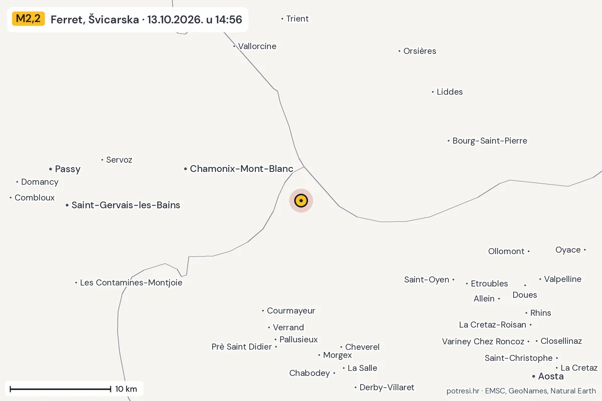 Karta: okolica epicentra, 60 km, potres M2,2, Ferret, Švicarska, 13.10.2026.