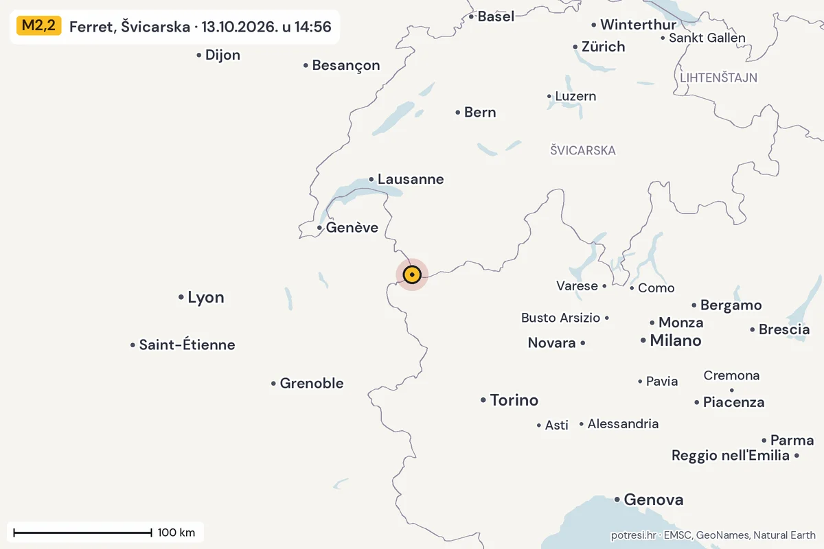 Karta: šire područje, 600 km, potres M2,2, Ferret, Švicarska, 13.10.2026.