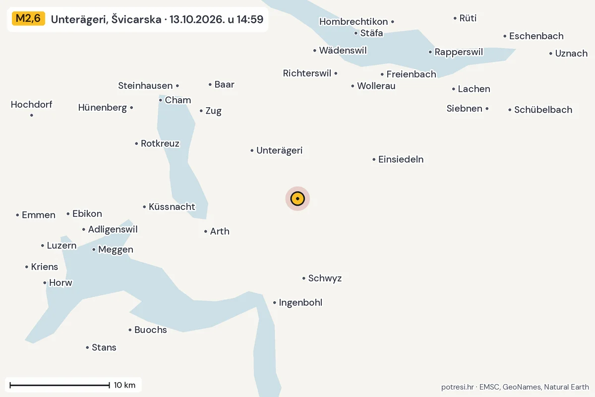 Karta: okolica epicentra, 60 km, potres M2,6, Unterägeri, Švicarska, 13.10.2026.