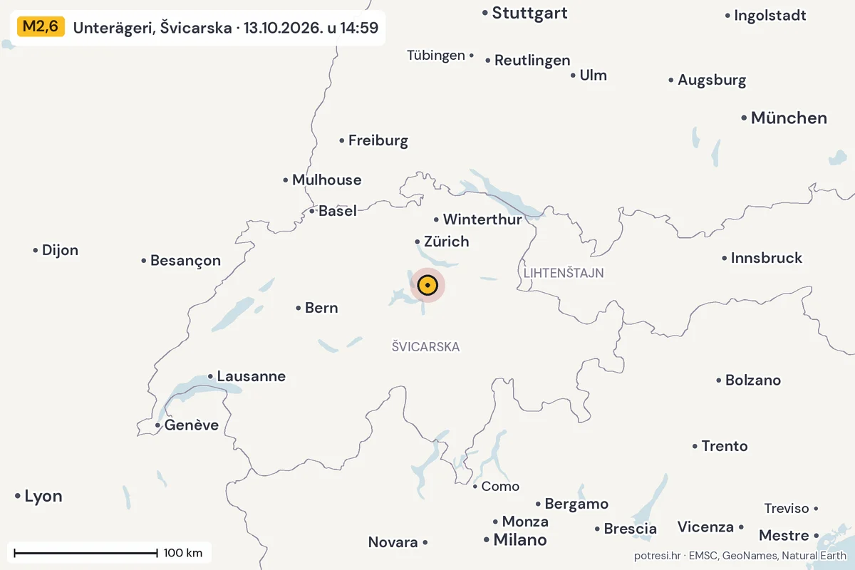 Karta: šire područje, 600 km, potres M2,6, Unterägeri, Švicarska, 13.10.2026.