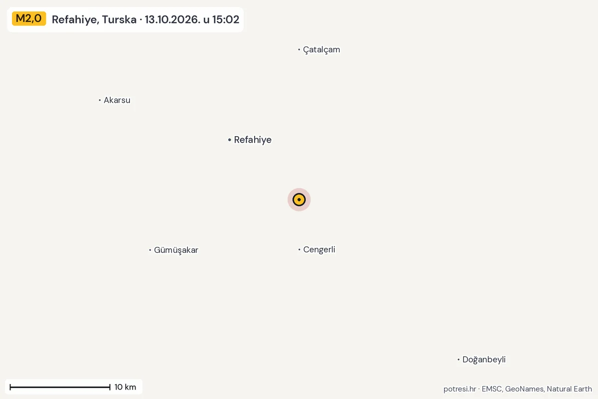 Karta: okolica epicentra, 60 km, potres M2,0, Refahiye, Turska, 13.10.2026.