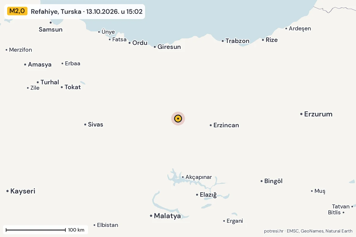 Karta: šire područje, 600 km, potres M2,0, Refahiye, Turska, 13.10.2026.