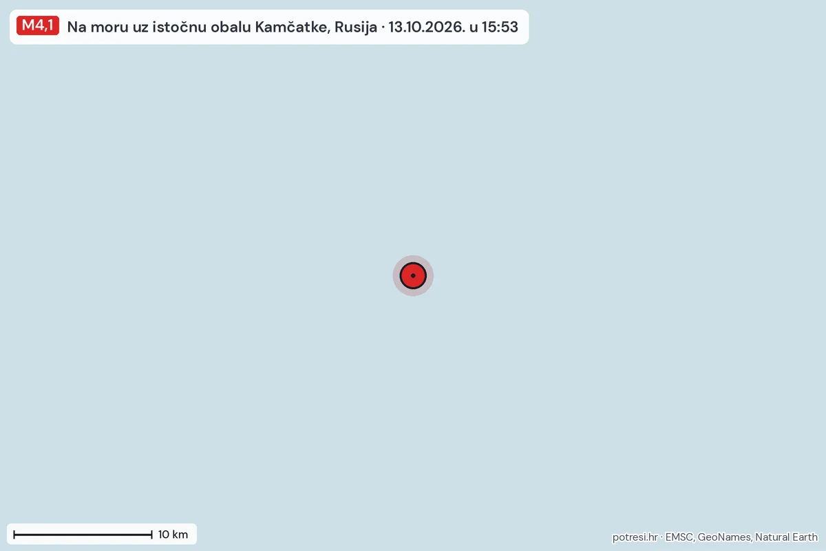 Karta: okolica epicentra, 60 km, potres M4,1, Na moru uz istočnu obalu Kamčatke, Rusija, 13.10.2026.