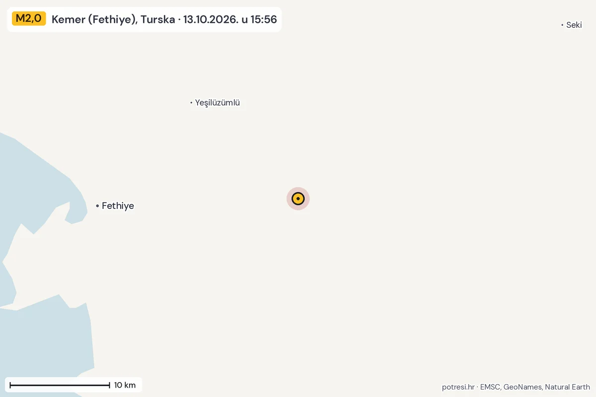 Karta: okolica epicentra, 60 km, potres M2,0, Kemer (Fethiye), Turska, 13.10.2026.