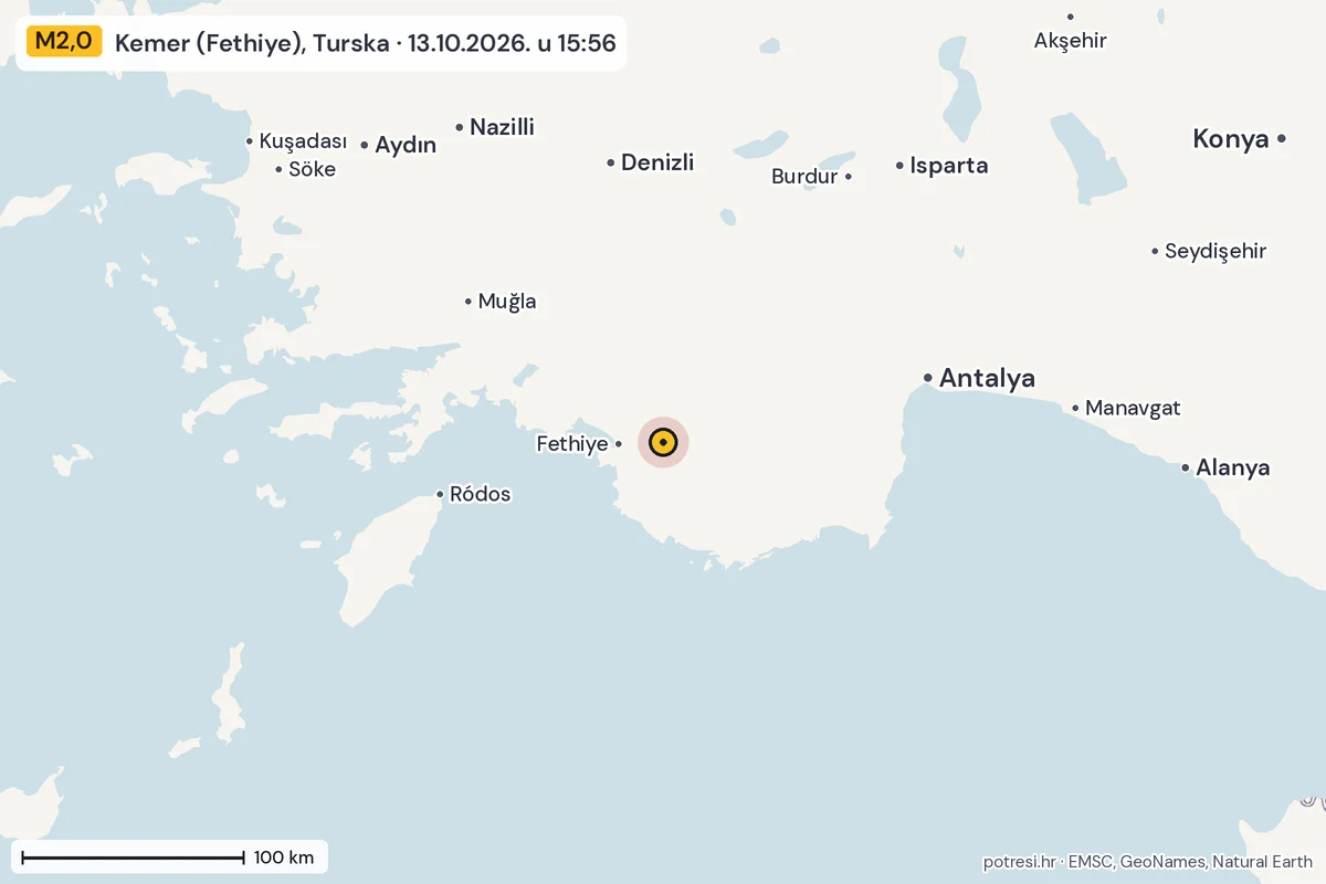 Karta: šire područje, 600 km, potres M2,0, Kemer (Fethiye), Turska, 13.10.2026.